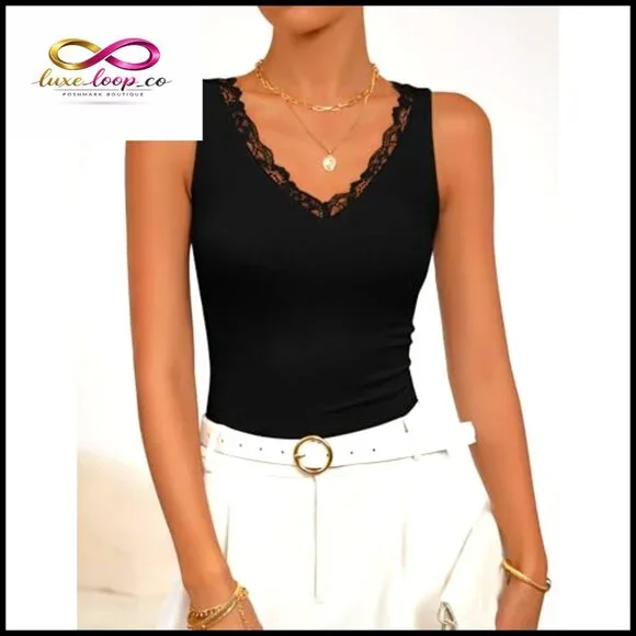 V-Neck Lace Trim Ribbed Knit Tank Top Sleeveless Casual Chic Summer - Picture 3 of 7